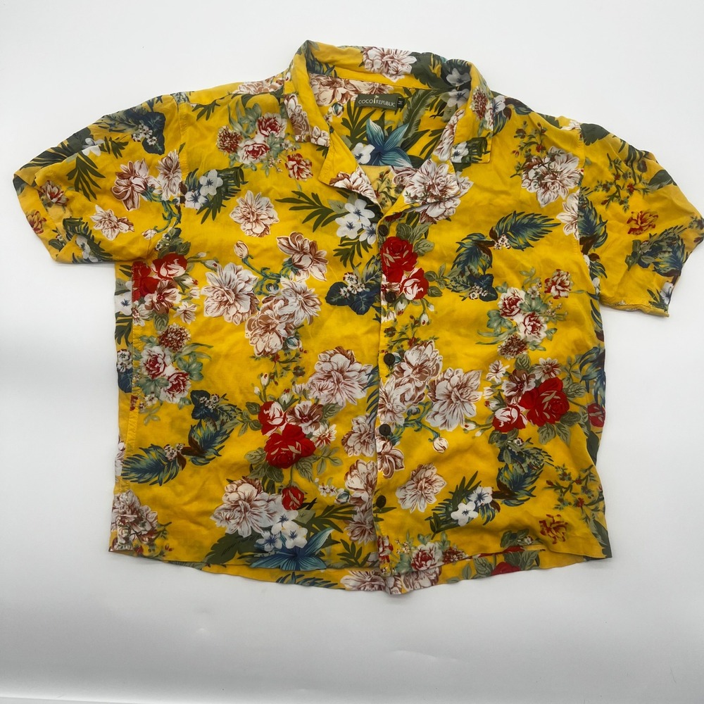 Coco Republic Yellow Tropical Floral Short Sleeve Button Down Shirt Womens M - Picture 4 of 9